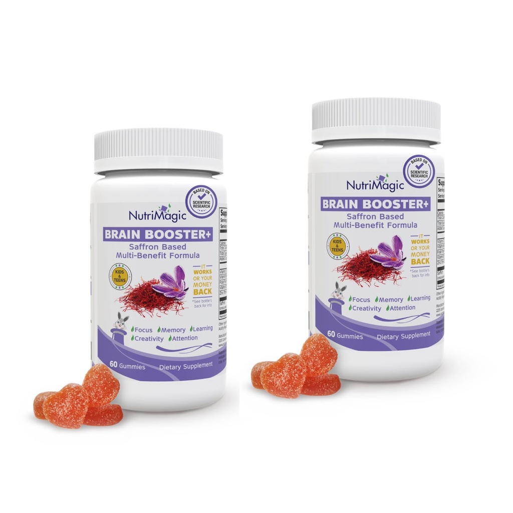 NutriMagic Kids Brain Booster+ 30mg Saffron Extract Focus Gummies & Multivitamin Supplement for Attention, Memory, Kids Brain Health Support Vitamin D3, B6, B12, Zinc - 2Pack, 60x Servings