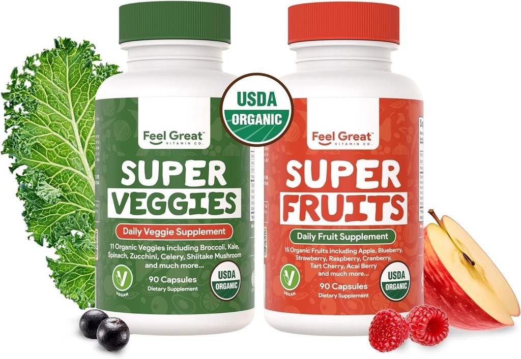 Sentez-vous grand suppléments de fruits et légumes biologiques USDA de 20+ Super Rouges & Verts pour le soutien de l'énergie naturelle.