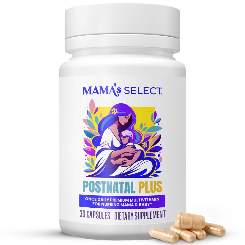 Mama's Select Vitamines postnatales – stimule la récupération des cheveux, l'approvisionnement en lait et le bien-être – sans allergène, végétalien, MTHFR amical, folate et vitamine B méthylé, facile à avaler, sans biotine - 30 capsules