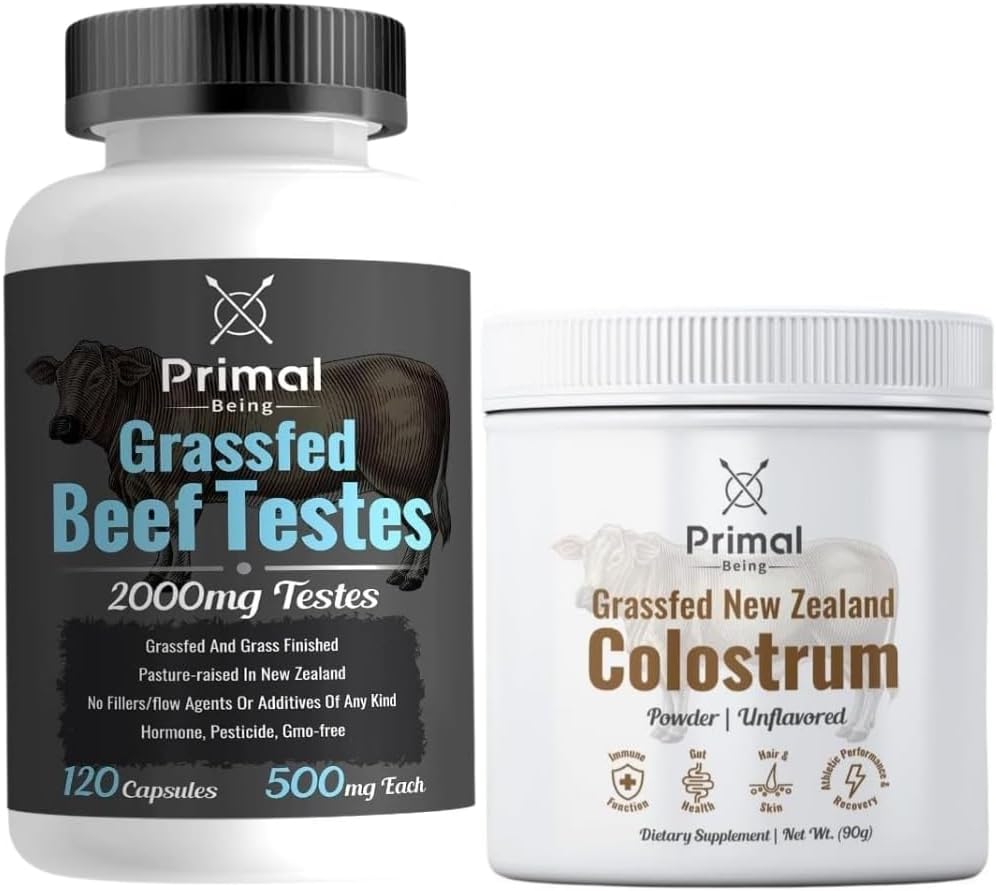 Primal d'être des testicules de boeuf gazonnés, 120 capsules + colostrum de boeuf gazonnés, 90 grammes de poudre non aromatisée