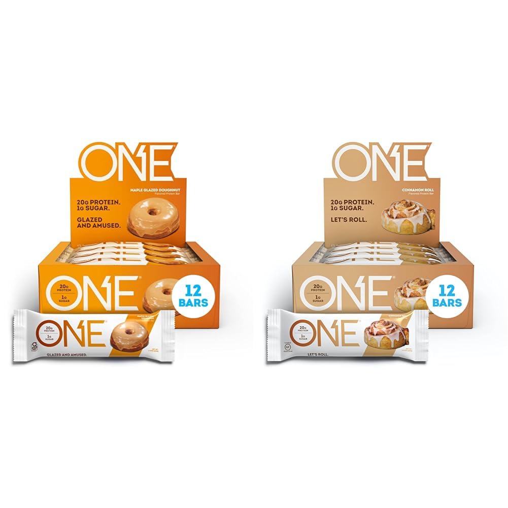 ONE Protein Bars, Maple Glazed Doughnut, Gluten-Free Protein Bar with 20g Protein and only 1g Sugar & Protein Bars, Cinnamon Roll, Gluten Free Protein Bars with 20g Protein