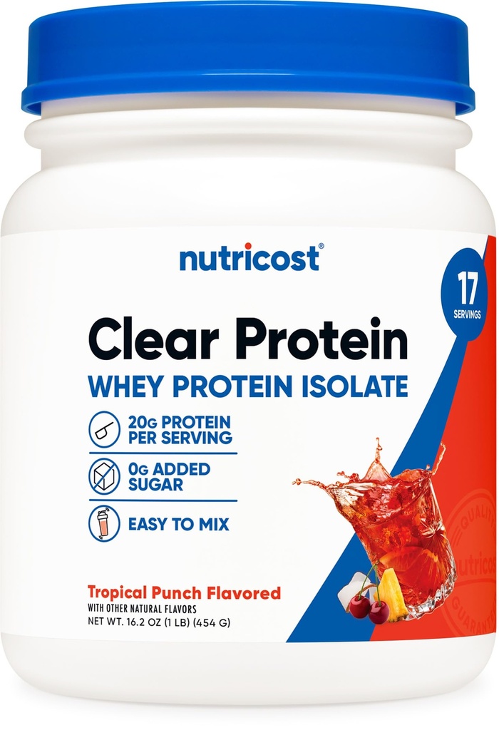 Nutricost Clear Whey Protein Isolate Powder (Tropical Punch) 1 LB - 20g of Protein, 0g Added Sugar, GMO-Free, Gluten-Free