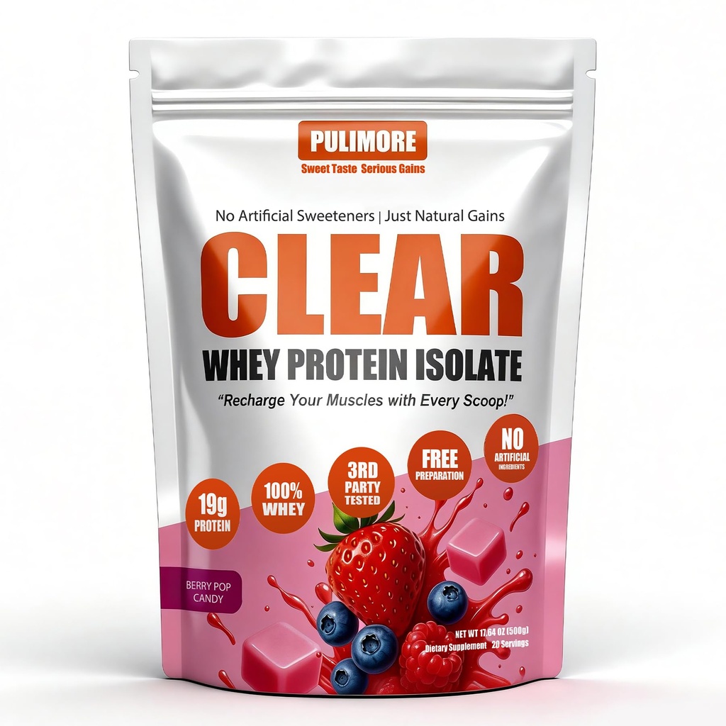Clear Whey Protein Isolate, Berry Pop Candy Flavor, 19g Protein per Serving, 20 Servings, No Artificial Sweeteners, Natural Gains Powder