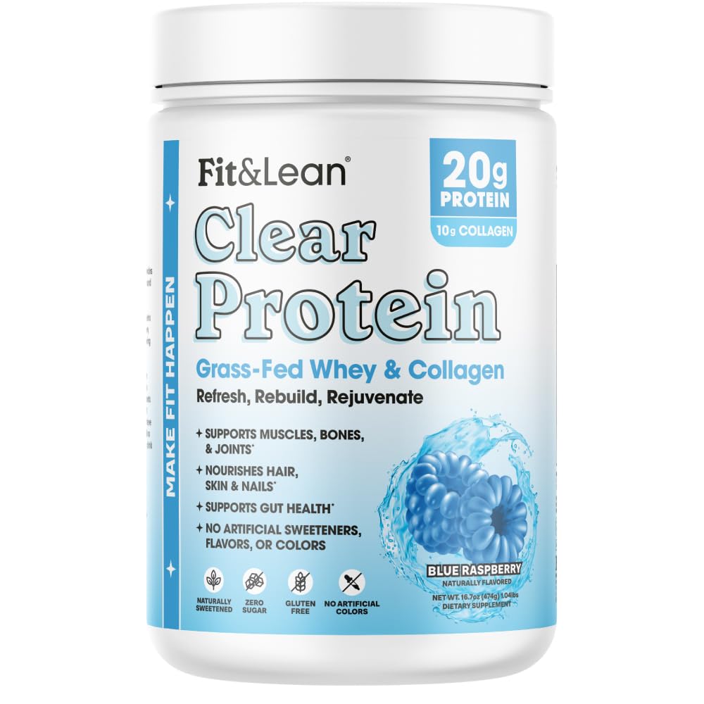 Fit & Lean Clear Protein Powder with Whey Isolate Protein and Collagen, Grass Fed, Muscle Recovery, Skin, Joints, GLP-1 Support, 0g Sugar, Blue Raspberry, 20 Servings