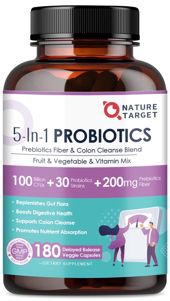 NATURE TARGET Probiotiques pour la santé digestive des femmes-hommes, probiotiques hommes-femmes avec prébiotiques, 100 milliards d'UCF pour la santé des Guts et des Immunes, 180 capsules de légumes (90 jours d'approvisionnement)