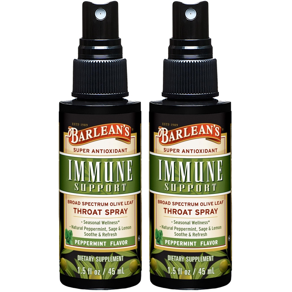 Pulvérisateur complexe de gorge à feuilles d'olive de 2 paquets de Barlean avec menthe poivrée, citron et sauge pour le soulagement de la gorge Itchy, supplément de soutien immunitaire, extrait liquide mélangé, 1,5 oz