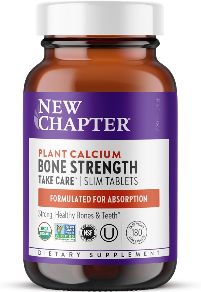 Nouveau chapitre Supplément de calcium - Calcium organique avec magnésium, vitamine D3+K2, 70+ minéraux traces pour la santé des os, sans gluten, comprimés minces faciles à avaler - 180 Compte