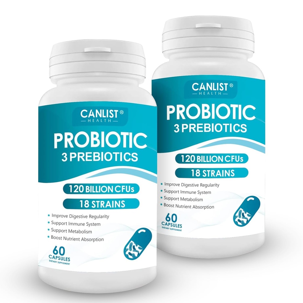 CANLIST Probiotics 120 Billion CFUs 18 Strains, 3 Prebiotics & Digestive Enzymes for Men Women,Digestive & Immune Support,Shelf Stable Non-GMO 120 Capsules