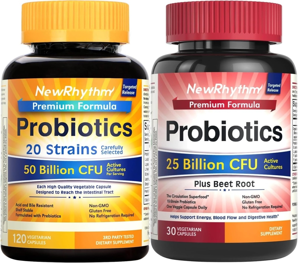 NewRhythm Probiotics 50 Billion CFU 20 Strains, 120 Veggie Capsules and Probiotics for Women & Men 25 Billion CFU, w/Organic Beet Root 2000 mg