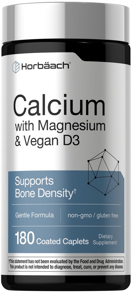 Horbäach Calcium Magnesium D3 | 180 Coated Caplets | Supports Bone Density | Supplement for Men and Women | Vegan, Non-GMO, Gluten Free