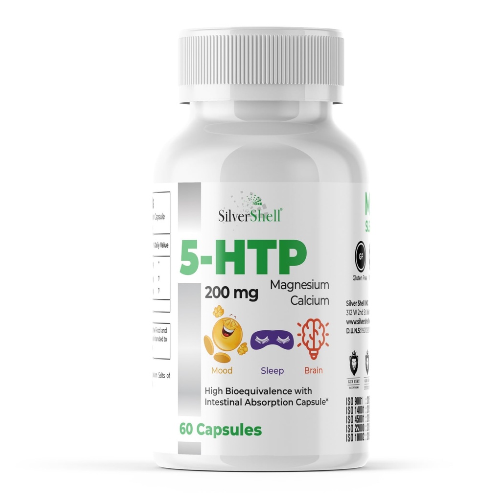 5-HTP 200 MG Plus Calcium et Magnésium pour l'humeur, le sommeil et les fonctions cérébrales – 1 Capsule par portion, 60 Capsules