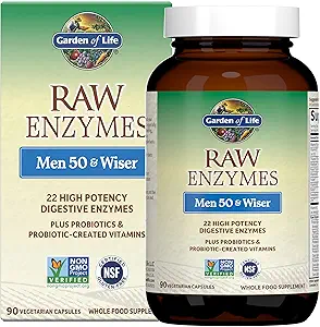 Jardin de la vie 22 Enzymes digestifs pour les hommes 50 et plus avec Bromelain, Papaine & Lactase Plus Probiotiques et vitamines B12, Biotine & Zinc – Enzymes RAW – Non – OGM, sans gluten, végétarien, 90 Capsules
