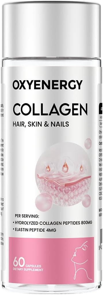OxyEnergy Collagen Peptides Capsules pour femmes, 800mg Collagène hydrolysé(Types I) Suppléments avec Peptides d'élastine, 60 pilules de collagène pour promouvoir les cheveux, ongles, peau, Colágeno en Capsulas