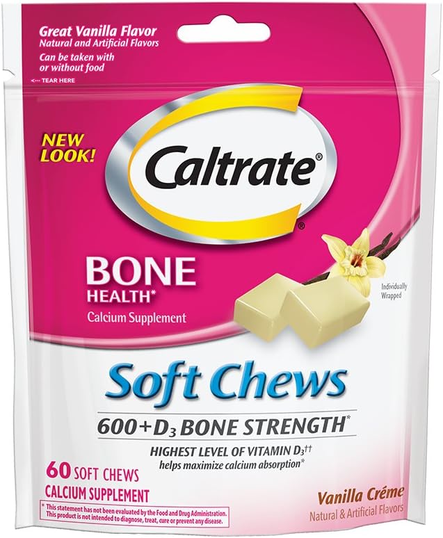 Caltrate 600+D3, Calcium and Vitamin D3 Supplement Soft Chews, 600mg (Vanilla Crème Flavor, 60 Count)