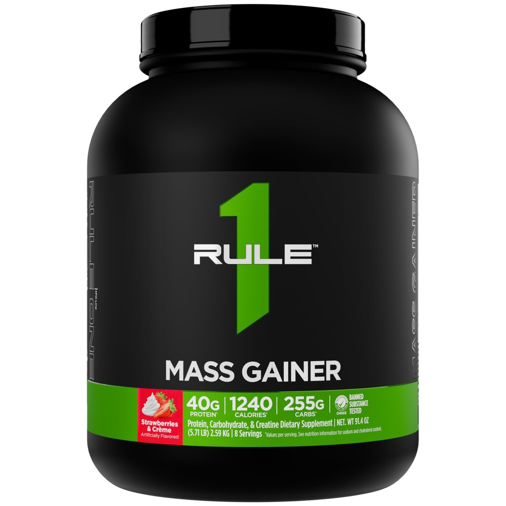 Règle 1 Gaineur de masse - Formule de gain de poids haute-Calorie avec 1,220+ Calories, 250g+ Mélange complexe de glucides, 40g Protéine tout-whey par portion (8 portions, fraises et crème)