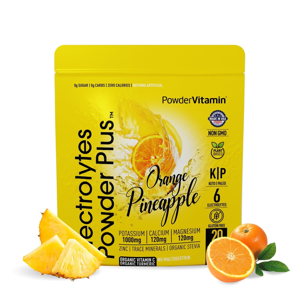 PowderVitamin Electrolytes Powder Plus (20 Servings) Orange Pineapple Electrolyte Powder Zero Calorie Keto,0 Sugar, No Maltodextrin,1000mg Potassium,120mg Calcium,120mg Magnesium, Pink Himalayan Salt