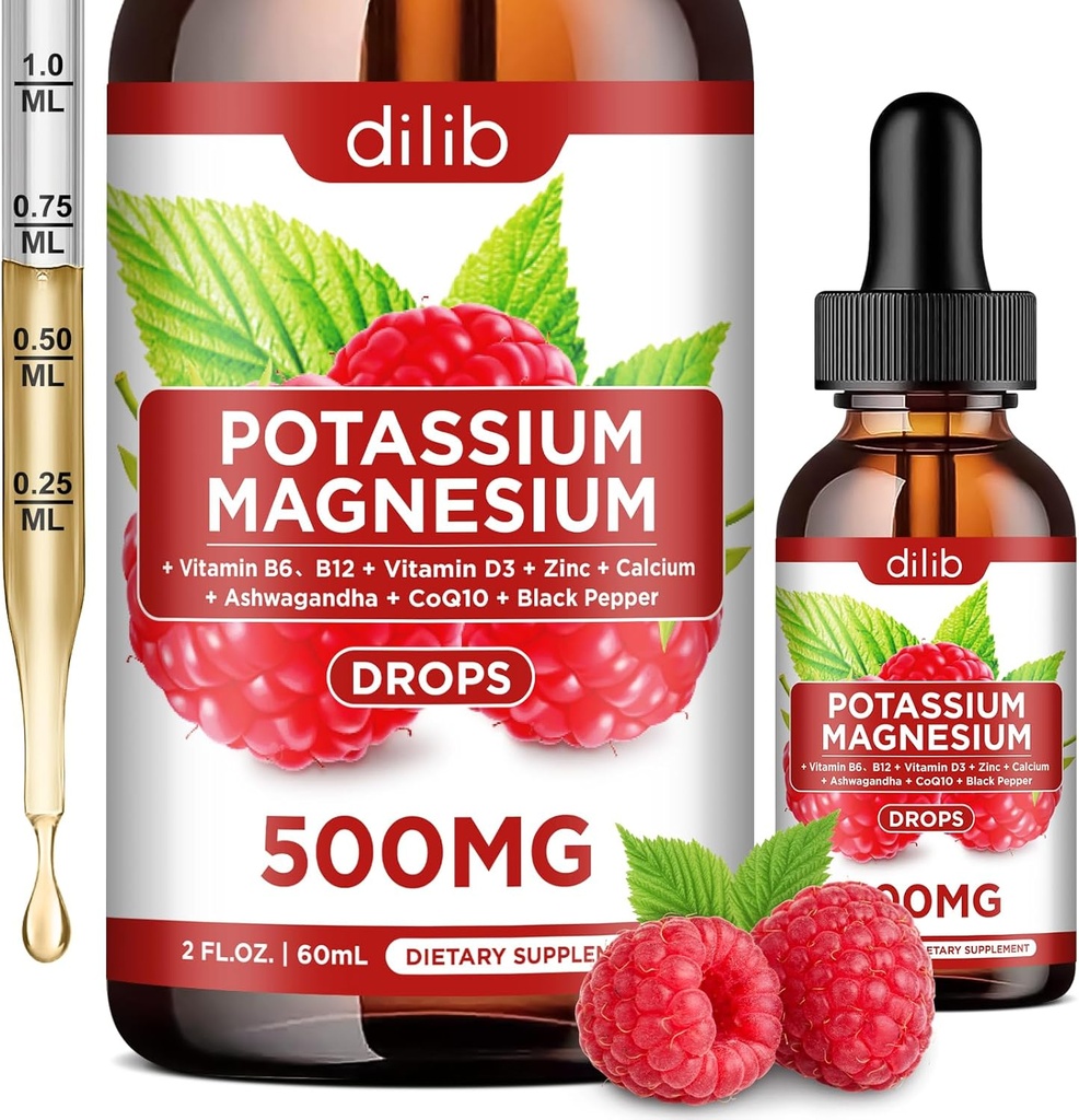 Potassium Magnesium Citrate Supplement, Liquid Magnesium Citrate Drops 500mg with Ashwagandha, Calcium, Zinc, Vitamin D3, B6, B12, CoQ10 - Vegan 2 fl oz Raspberry Flavor
