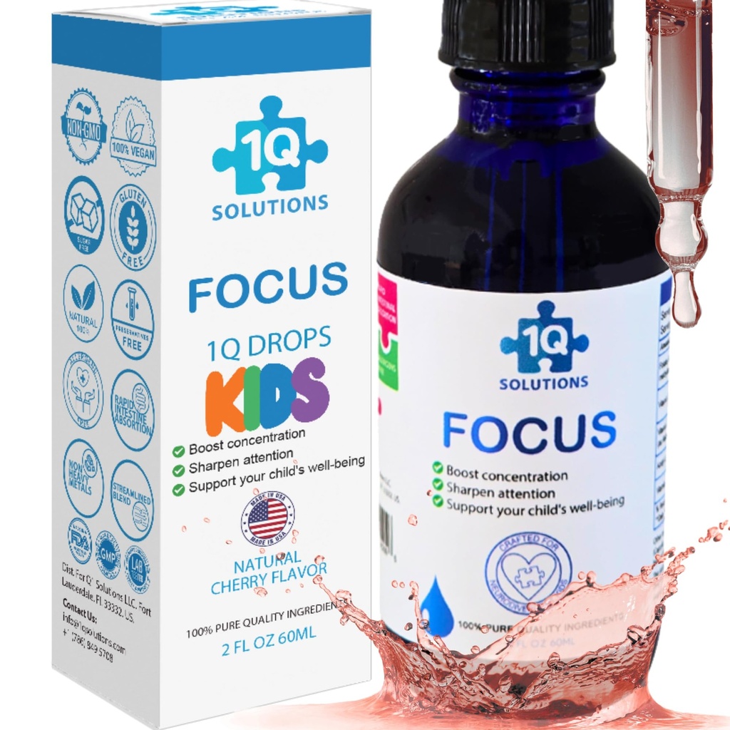 1Q Focus – Liquid Cognitive & Brain Support Natural Drops for Kids | Acetyl L-Carnitine + B1, B6, B12 & Folate | Sugar-Free, Vegan, Non-GMO, Gluten-Free | Advanced Absorption | 2 fl oz 30 Servings