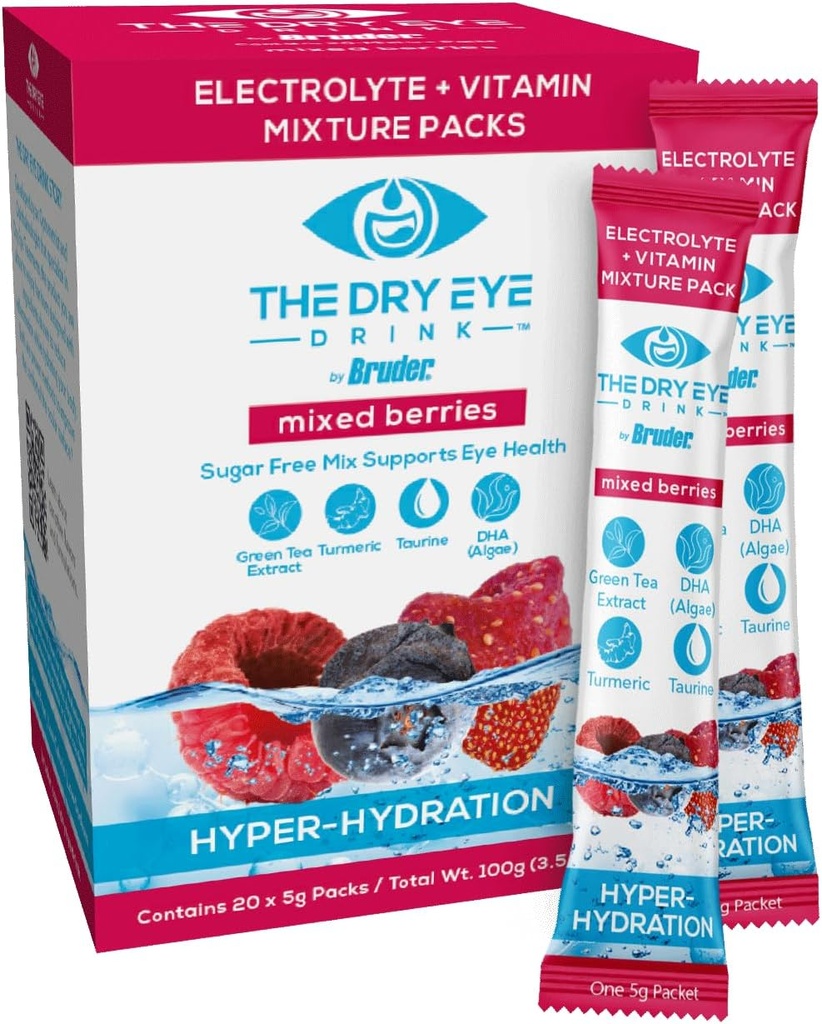 l Hydratation ultime pour les yeux secs l Packets en poudre d'électrolyte sans sucre l mélangé avec des vitamines, thé vert, curcuma, taurine et DHA l 5g x 20 Packets (Berry mélangé)