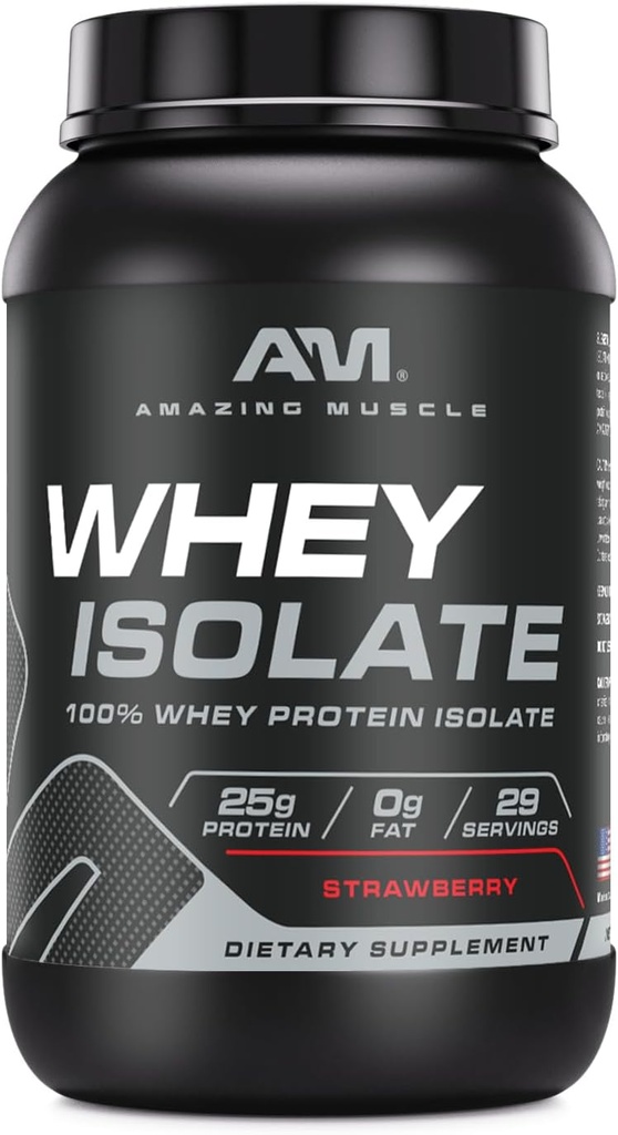 Amazing Muscle Whey Protéine Isolate Poudre de 25 Grams Protéines par portion de 100% Whey Isolate de Zéro Graisse Fabriquée aux États-Unis (2 Lb, Fraise)