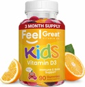 Feel Great Kids Vitamin D3 1000 IU | Kids Vitamin D Gummies for Healthy Bones, Mood, & Immune Support | Citrus Flavored Vegetarian D3 Gummies | 90 Day Supply