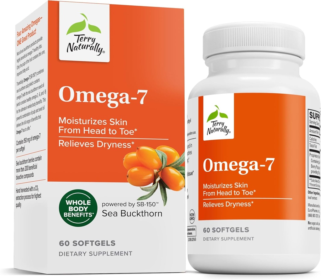 Terry naturellement Omega-7 - Supplément alimentaire avec les acides gras essentiels - Supplément nutritionnel pour soutenir la santé de la peau avec le Buckthorn, l'huile de pulpe et de graines de baie - 60 Softgels (paquet de 2)