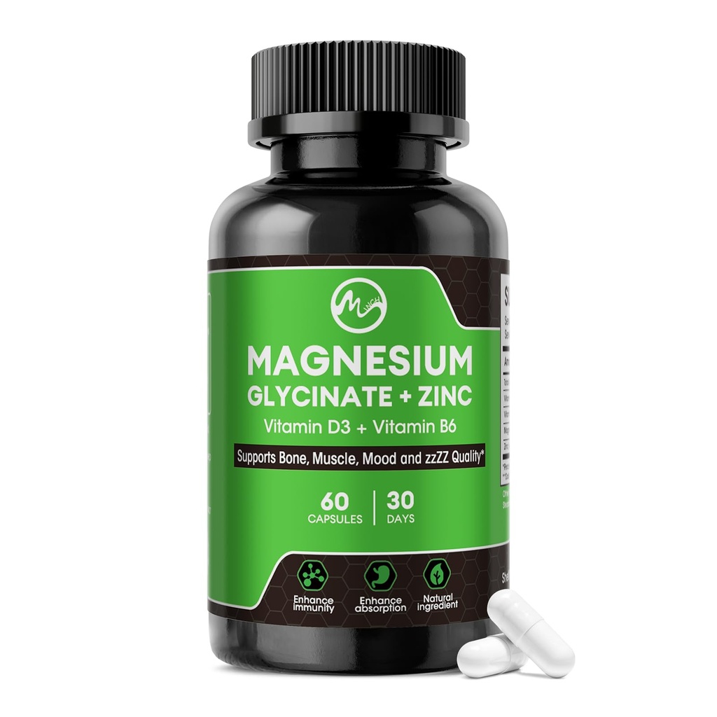 Capsules de glycinate de magnésium, supplément de glycinate de magnésium avec zinc, vitamine D3 et B6 - favorise la fonction Nerve, Bowel, relaxation - 60 Capsules Vegan
