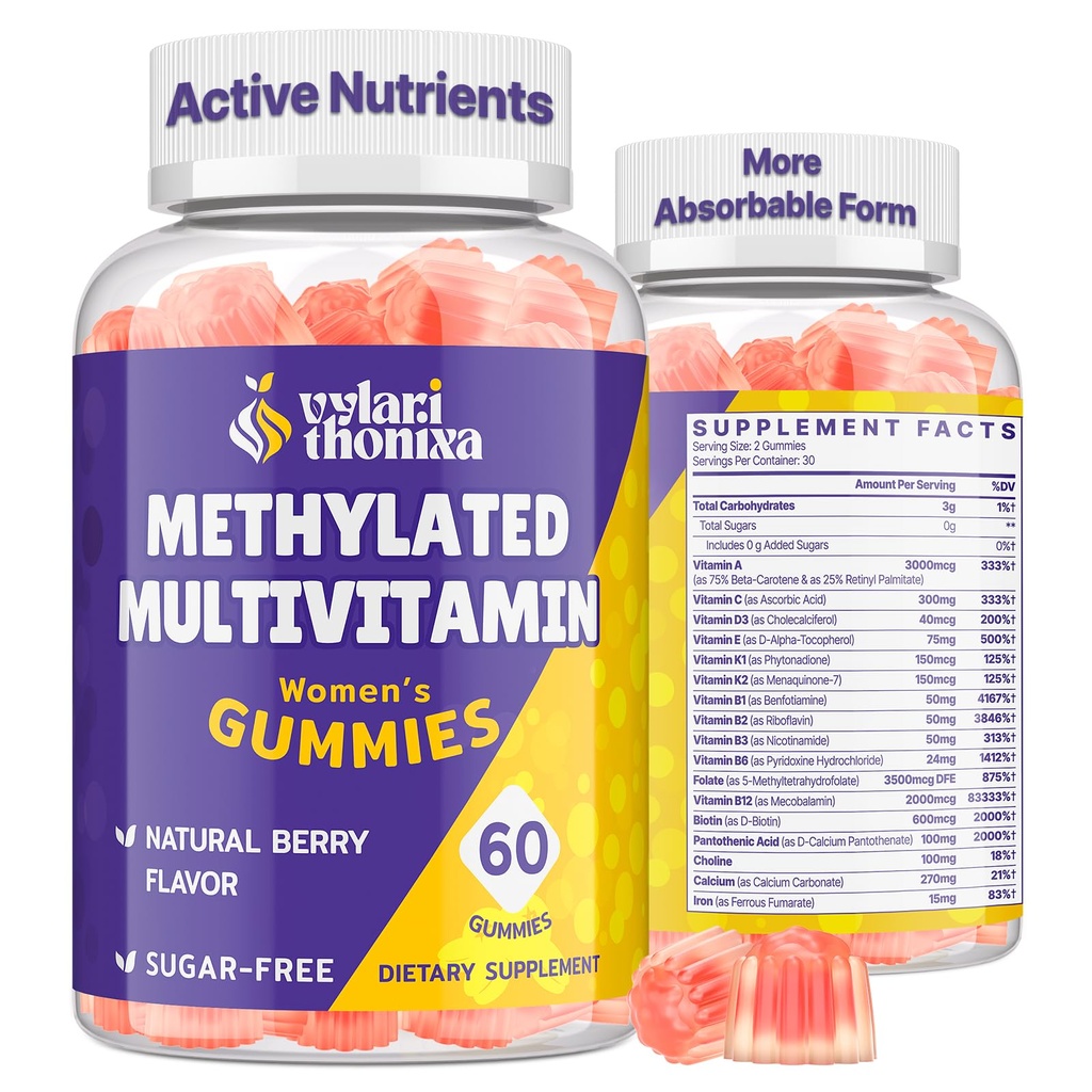Methylated Multivitamin Gummies for Women – MTHFR Supplement Contains Methylfolate, Methylated B12, TMG & Vitamins A C E K – Energy, Immune & Skin Support– Womens Gummy Multivitamins