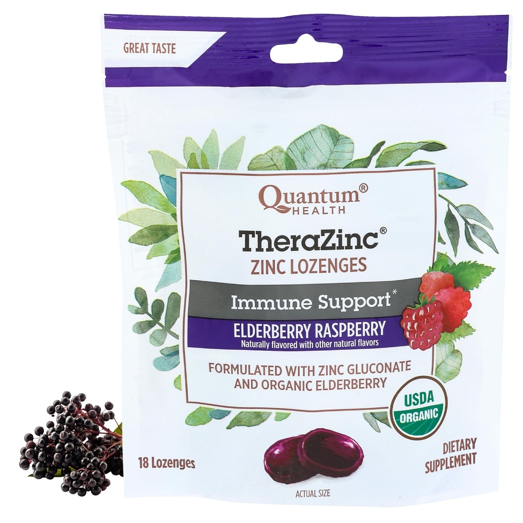 Quantum Health TheraZinc Bio Zinc Lozenges Elderberry & Honey - Immune Support pour Adultes et Enfants 12+ Relief rapide aux framboises naturellement aromatisées sans arrière-goût - 18 comte