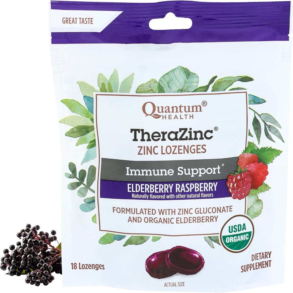 Quantum Health TheraZinc Bio Zinc Lozenges Elderberry & Honey - Immune Support pour Adultes et Enfants 12+ Relief rapide aux framboises naturellement aromatisées sans arrière-goût - 18 comte