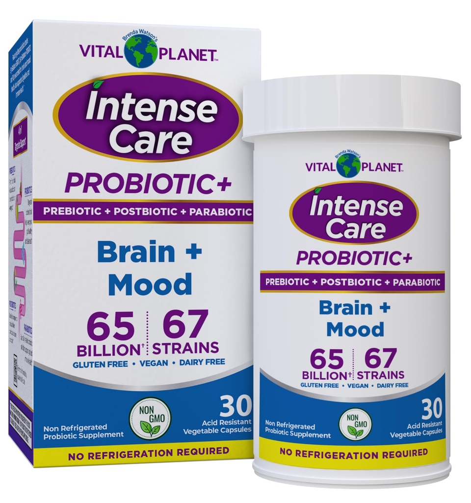 Planète vitale - Soins intensifs Cerveau et probiotiques d'humeur, Prébiotiques organiques, Postbiotiques, Parabiotiques, Complete 4-en-1 Supplément santé pour les adultes, 65 milliards UFC, 67 souches, digestif et immunitaire 30 ct