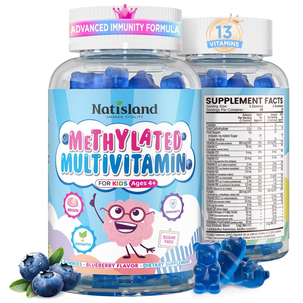 Kids Methylated Multivitamin - MTHFR Multivitamin for Kids & Teens 4+, L Methylfolate & B12, 13 Vitamins, Vegan Omega-3, Zinc, Probiotics & Elderberry, Immune Support, Brain Health, Sugar-Free