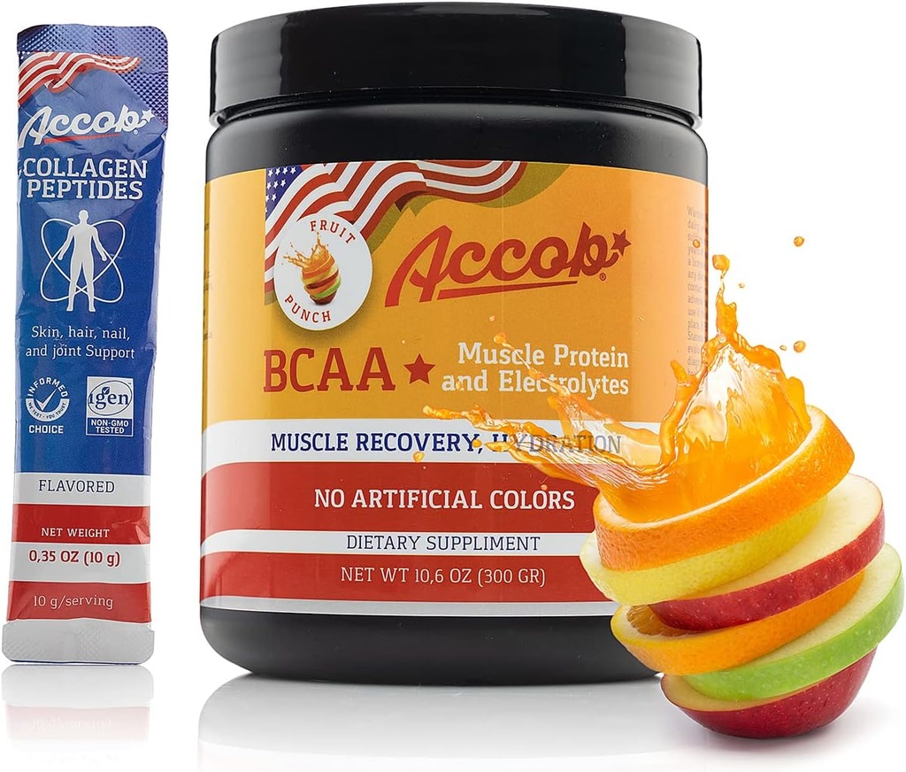 BCAA punch de fruits en poudre avant ou après l'entraînement, boisson de récupération musculaire avec acides aminés + électrolytes, 7,2g CCCA pour les hommes et les femmes-30 portions +10g de peptides de collagène