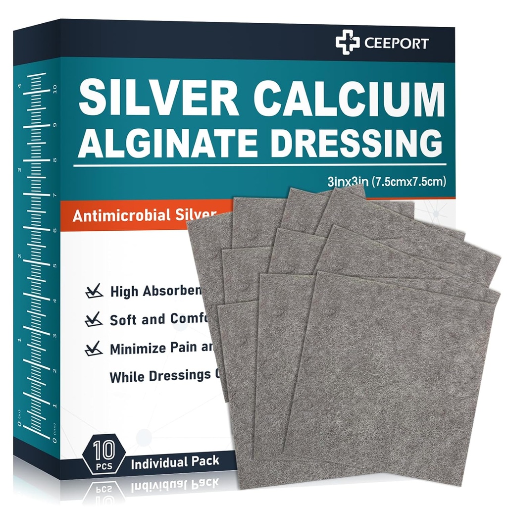 Ag Silver Calcium Alginate Wound Dressing Pads 3'' x 3'' (paquet de 10), Dressing doux en argent très absorbant, habillage non adhésif pour soins des blessures, tampons de suppression sans douleur pour les blessures
