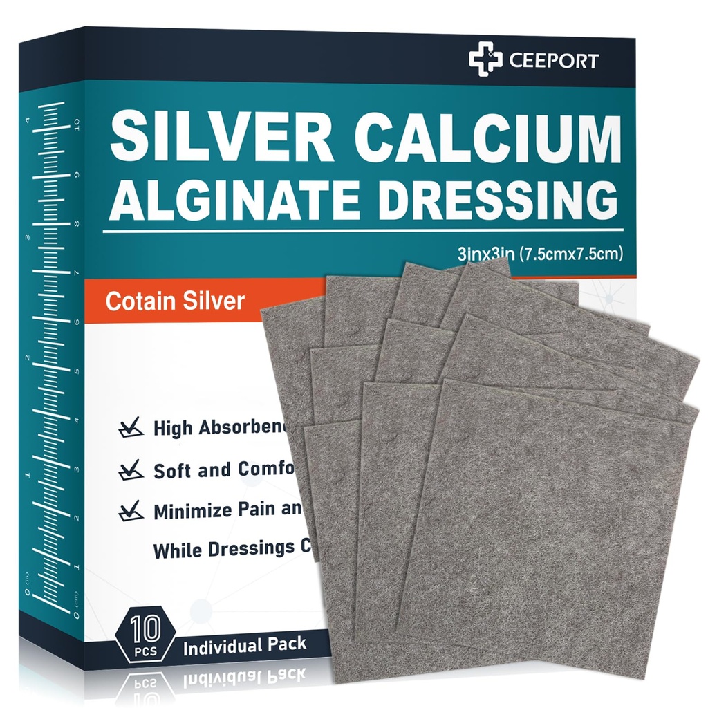 Ceeport Ag Silver Calcium Alginate Wound Dressing Pads 3 "x 3", 10 Pack | Highly Absorbent Dressing with Silver, Non Stick Pads for Wounds, Soft and Comfortable, Individual Pack, Sterile, Wound Care
