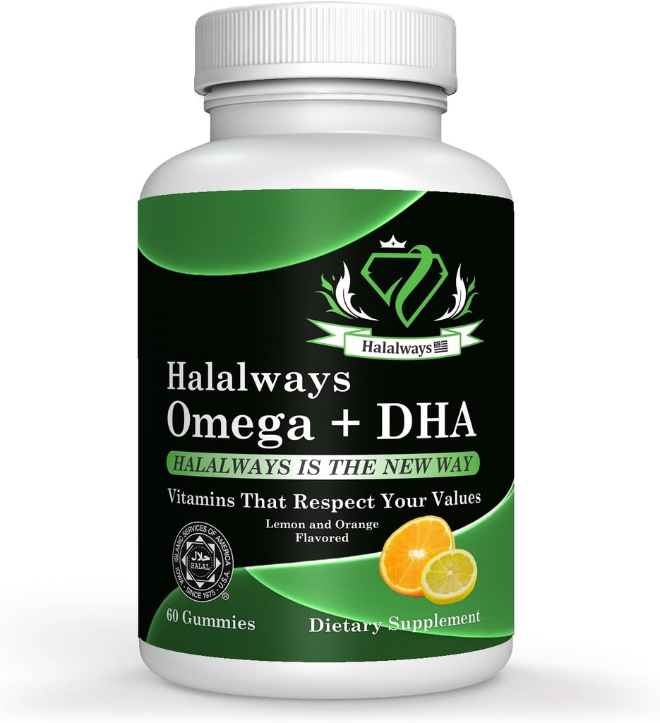 Halalways Omega + Gommies DHA - Triple Strength Omega 3 Huile de poisson Vitamines Gommy avec les acides gras DHA, la santé du cœur de la nature, orange et citron supplément halal certifié