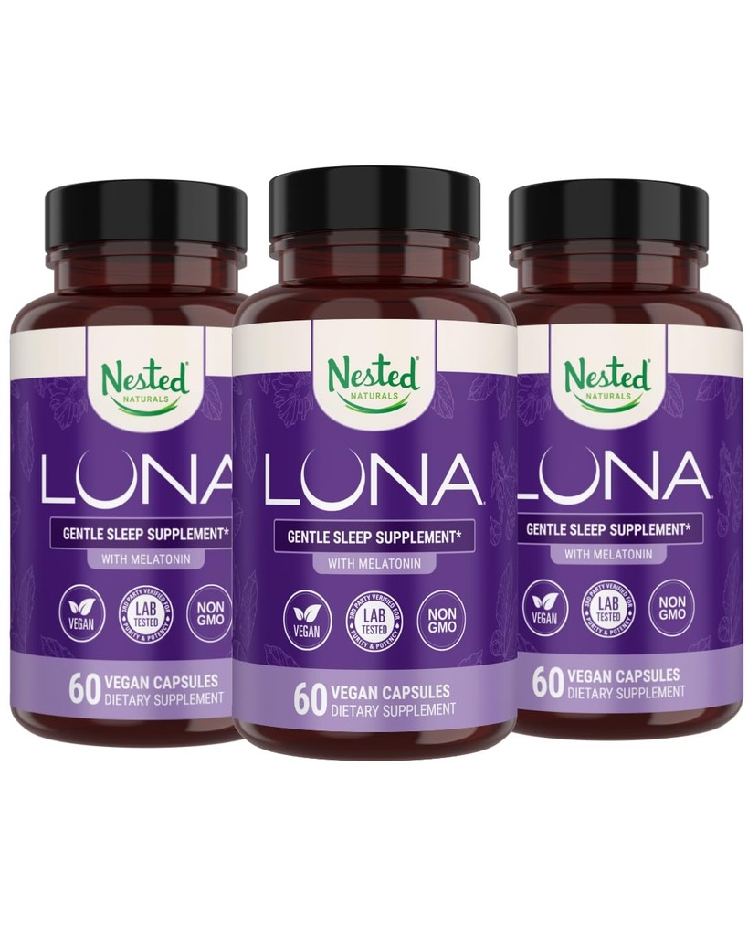 Nested Naturals Luna Herbal Sleep Supplement with Melatonin, Valerian Root, Camomille, 180 Capsules Vegan (3-Pack) - 60 Capsules par bouteille