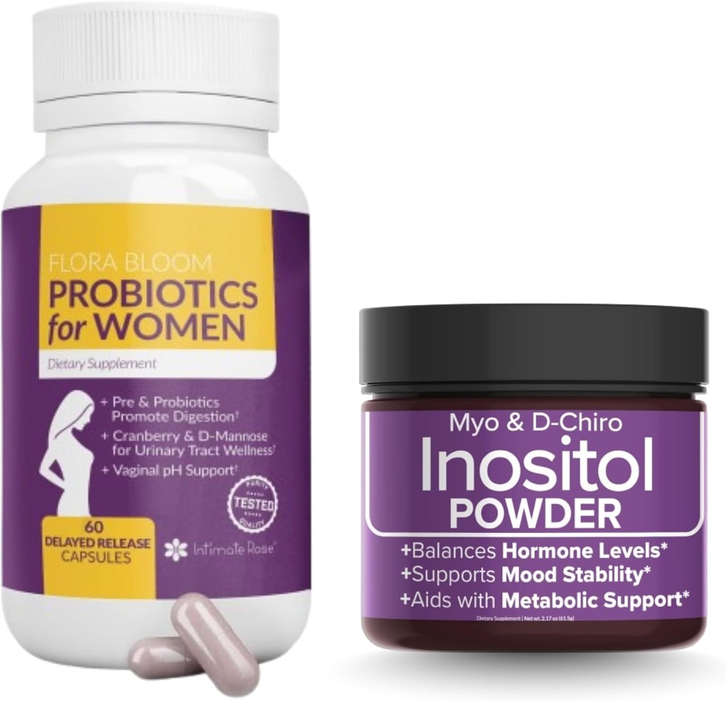 Économisez 10% sur le pack santé et bien-être des femmes – Probiotiques vaginaux complets + Poudre d'inositol Myo et D-Chiro pour équilibre hormonal, Gut et soutien urinaire