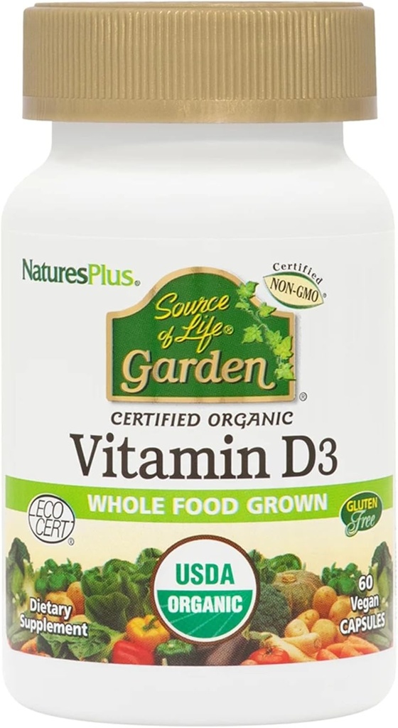 NaturesPlus Source of Life Garden Vitamin D3-60 Vegan Capsules, Pack of 3 - Immune System Support - Certified Organic, Non-GMO, Gluten Free - 90 Total Servings