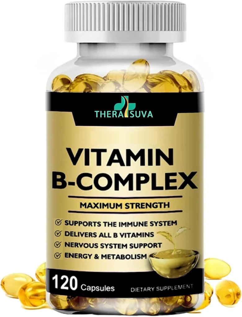 Vitamine B-Complex + CoQ10 + Vitamine C - Supplément Max Strength pour l'énergie, soutien du métabolisme, 120 Softgels, 60 jours d'approvisionnement