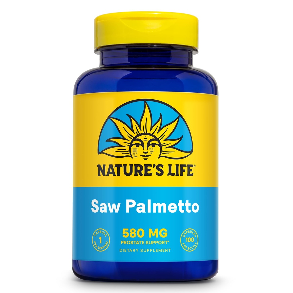 Nature's Life Saw Palmetto pour hommes 580mg - Supplément Prostate Traditionnel - Santé des Hommes, Prostate et Urinary Tract Support w/Beta Sitostérol Stérols végétaux, garantie de 60 jours, 100 portions, 100 capsules