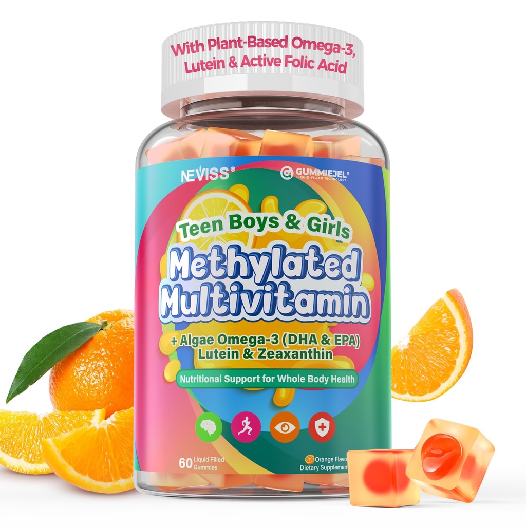 Methylated Multivitamin Gummies for Teens & Kids with Methylfolate, Methyl B12 & Omega3, Teen Vitamins for Boys & Girls 10-19 with Multi-Minerals for Teenager Focus, Energy, Growth, Skin, Eyes, Immune