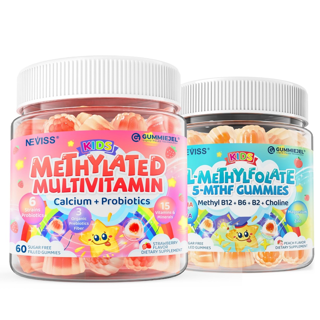Kids Multivitamin Gummies w/Calcium, Probiotics, Vitamin D3, C, Methylated B12 & Methylfolate + Kids L-Methylfolate Gummies, Active 5-MTHF + Methyl B12 Cofactor, Vitamin B6, B2, Choline, Vegan Omega 3
