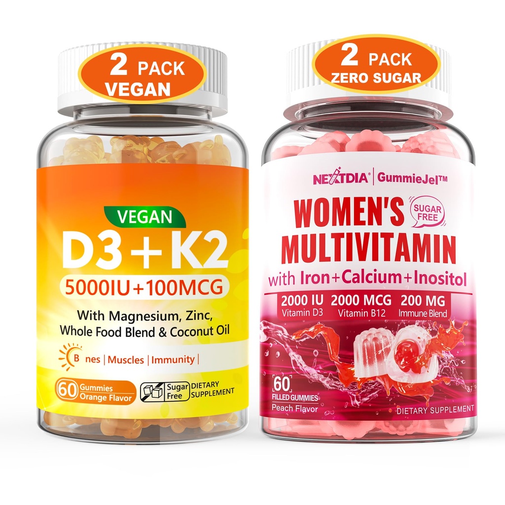 Nextdia 2Pack Vegan Vitamin D3 5000IUK2 Gummies+ 2Pack Methylated Multivitamin for Women Gummies