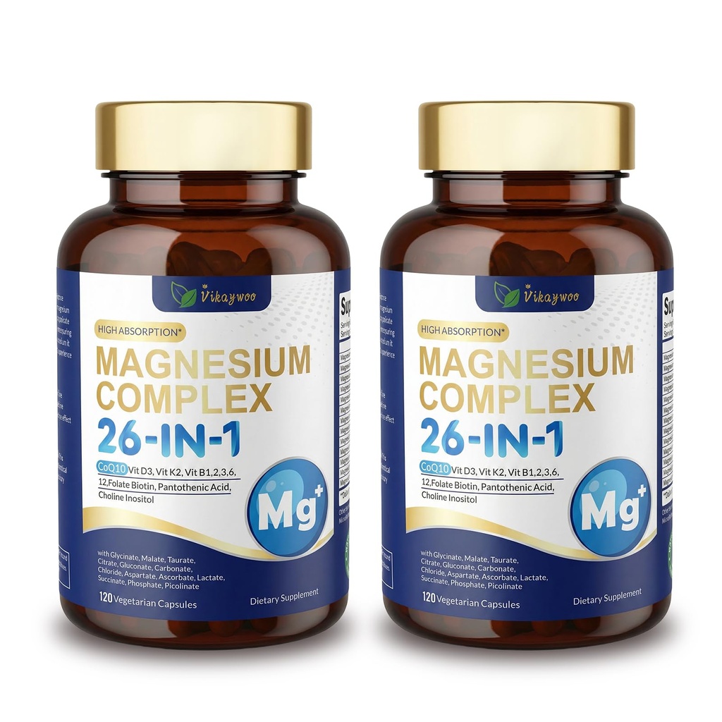 26-in-1 Magnesium Complex with Methylated B Complex | Sleep, Muscle, & Heart Support | Vegan, Third Party Tested, Gluten Free, Non-GMO 120 Vegan Capsules per Bottle, 2 Bottles