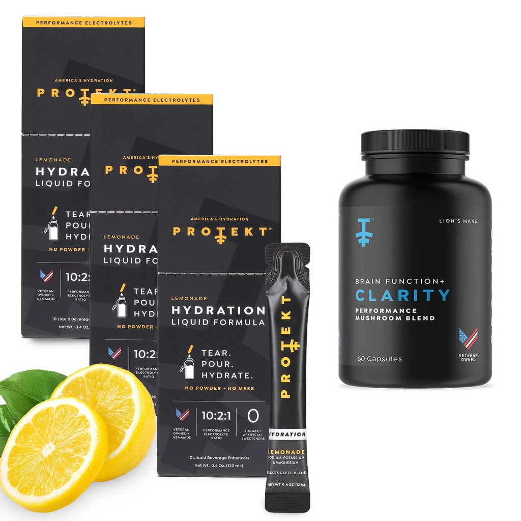 PROTEKT Electrolyte Packets for Recovery & Hydration, Lemonade, 30 Pack | Lions Mane Supplement Capsules - Lion's Mane & Reishi Mushroom Capsules (60 Capsules)