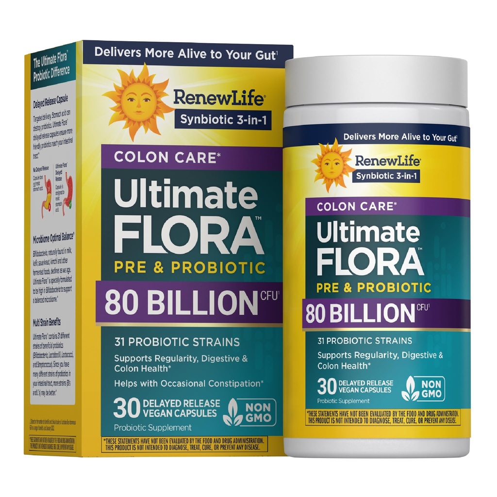 Renouveler Life Probiotic Colon Care Probiotic Capsules, Supplément quotidien offre Colon Support, L. Rhamnosus GG, Laiterie, Soy et sans gluten, 80 Million CFU, 30 Compte