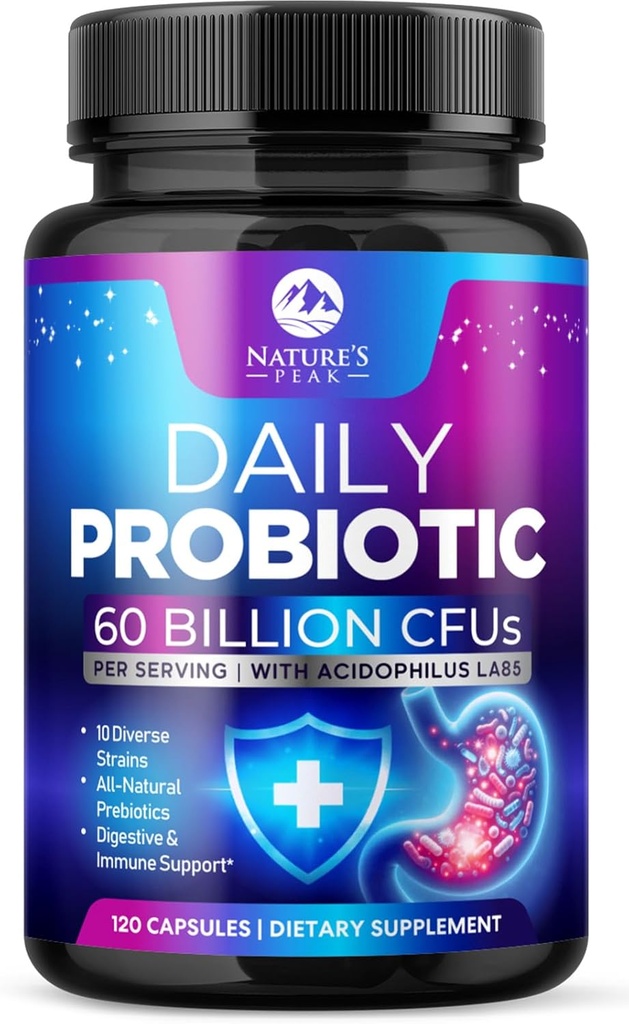 Probiotiques 60 milliards CFU - 10 souches + enzymes digestives et prébiotiques - Meilleur probiotique pour les femmes et les hommes, soutient l'immuno-santé, la constipation occasionnelle, la diarrhée, le gaz et le ballonnement - 120 capsules