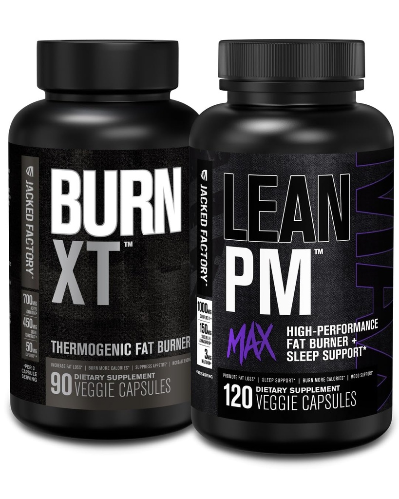 Brûlure de graisse thermogénique XT Jacked Factory Burn - Comprimant d'appétit et booster d'énergie nootropique (90 capsules) et lean PM Max haute performance perte de poids, soutien du sommeil (120 capsules)