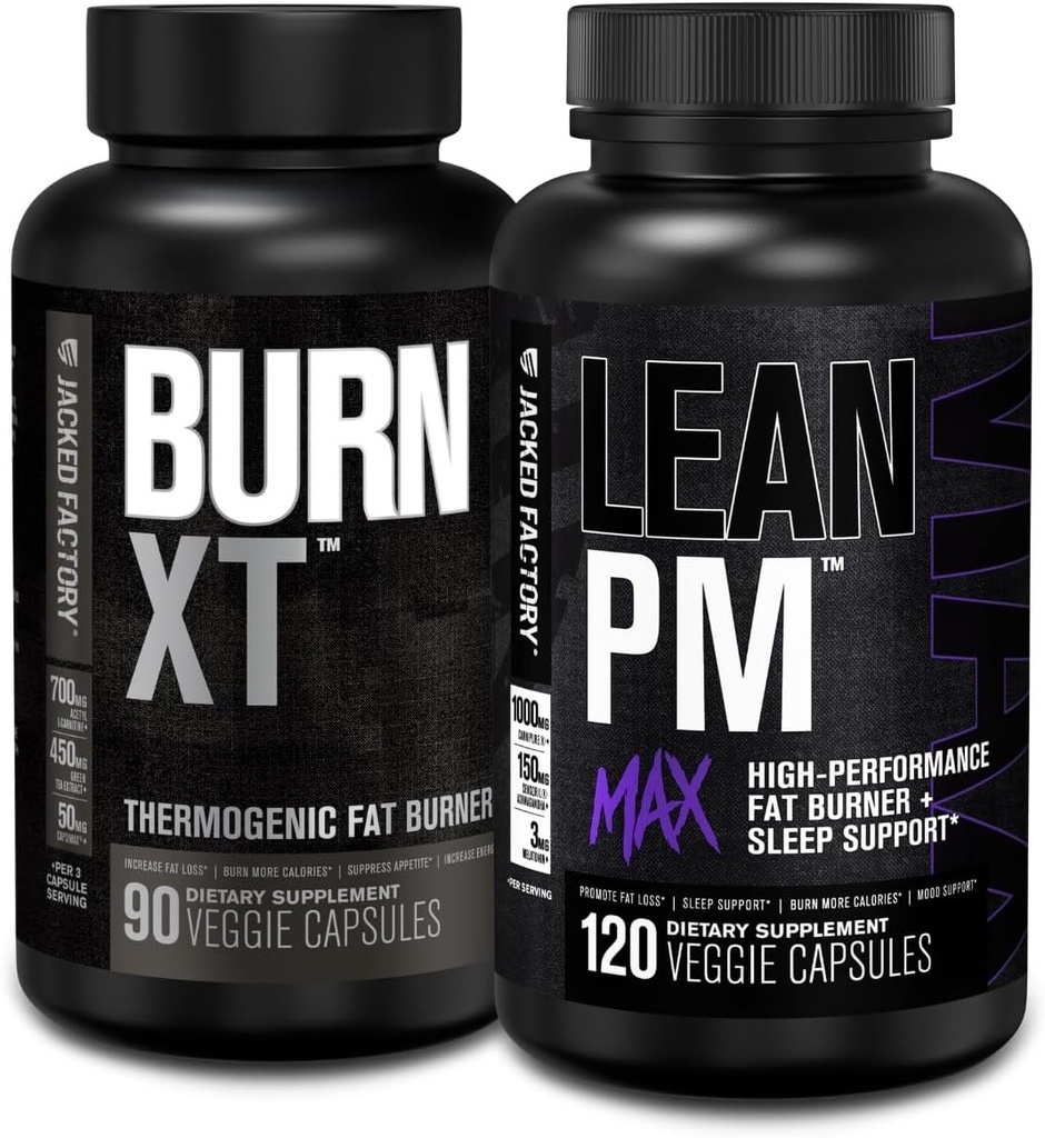 Brûlure de graisse thermogénique XT Jacked Factory Burn - Comprimant d'appétit et booster d'énergie nootropique (90 capsules) et lean PM Max haute performance perte de poids, soutien du sommeil (120 capsules)